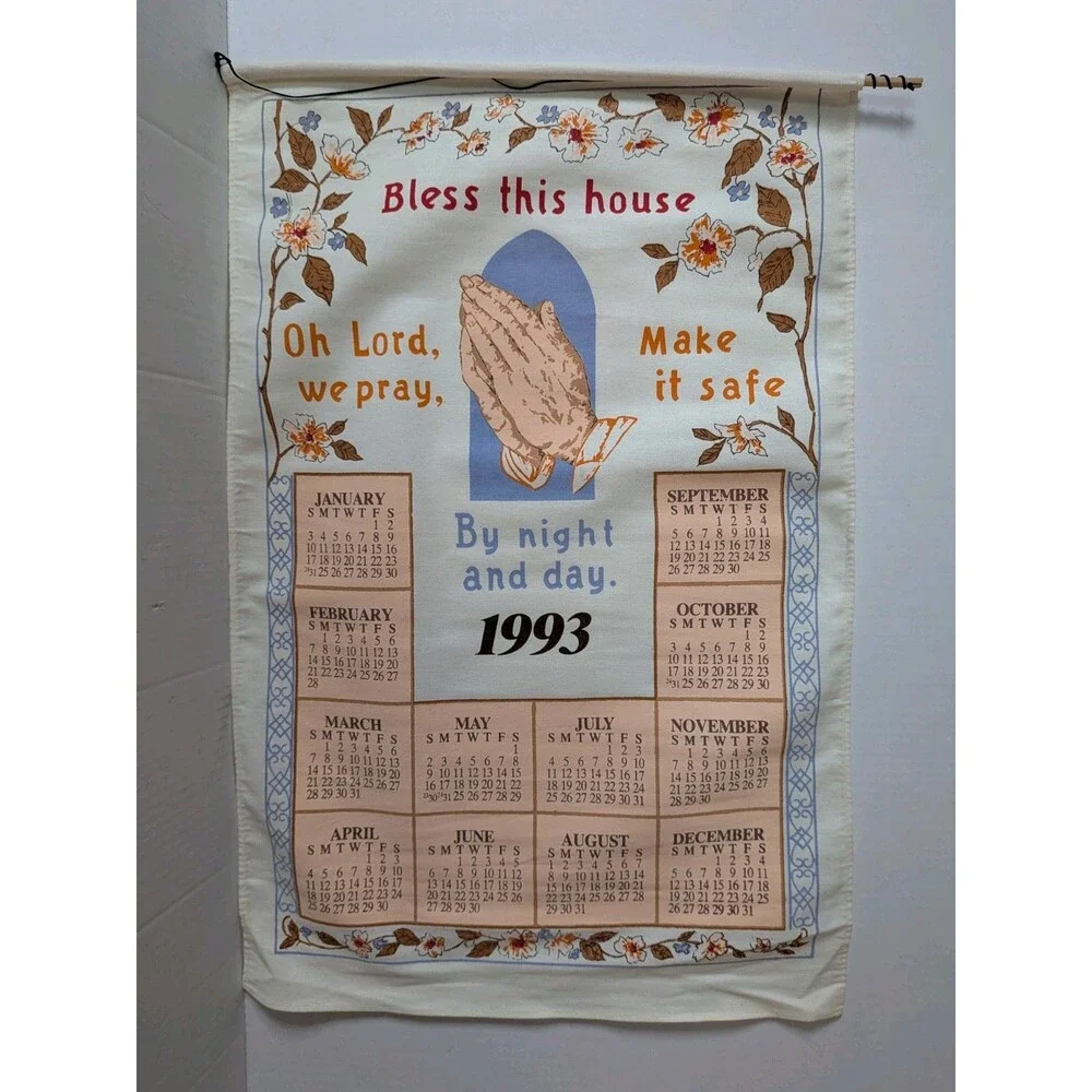 Vintage 1993 Bless This House Calendar Tea Towel Praying Hands Religious Decor